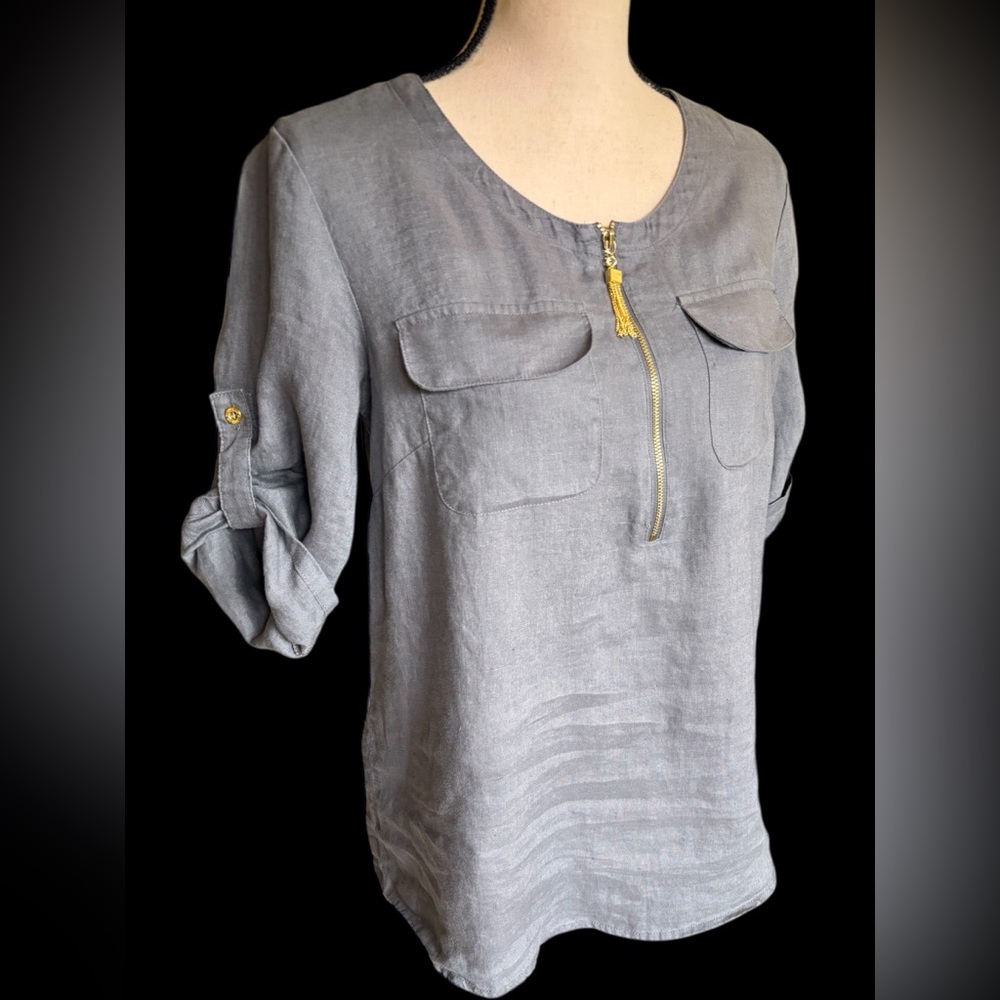 Ellen Tracy-Linen blouse. Size small. Gray with gold tassel/zipper. Gorgeous EUC - Picture 10 of 15